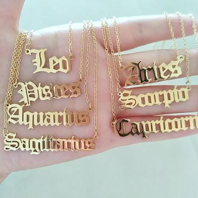 China TRENDY 18K Gold Plated Stainless Steel Waterproof Horoscope Jewelry 12 Letter Zodiac Sign Old English Pendant Necklace for sale