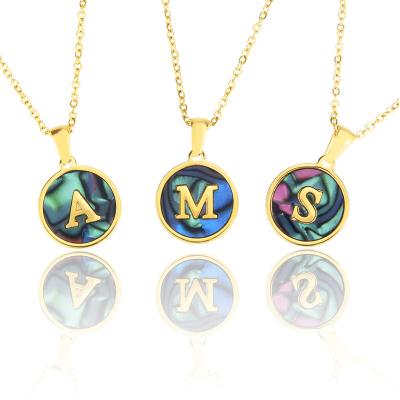 China INS CLASSIC Round Stainless Steel Shell Necklace With 26 Letter Abalone Shell Gold Titanium Steel Pendant Necklace for sale