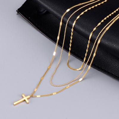 China TRENDY Vintage Geometric Multi Layer Necklaces 316l Stainless Steel 18k Gold Filled Cross Necklace Women for sale