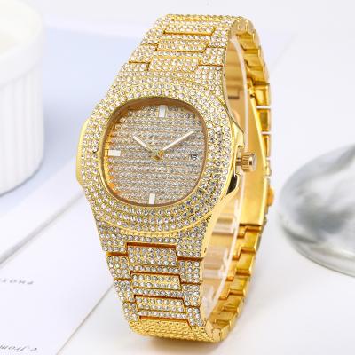 China Wholesale Unisex Thin Shiny Brand Stainless Steel Crystal Rhinestone Quartz Watch Wrist Slim Hip Hops Iced Out Watches For Women Men for sale