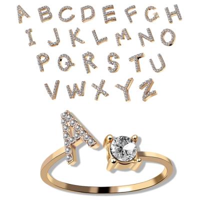 China TRENDY Romantic Wedding Anniversary Gift Rhinestone 26 Initials Letter Open Rings For Women for sale