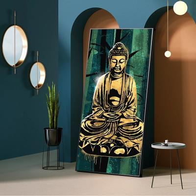 China Gold Meditation Buddha Statue Waterproof Oil Painting On Canvas Posters Green Background Wall Buddhist Art Print Picture Living Room Decor for sale