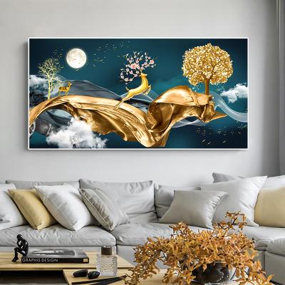 China Waterproof Abstract Deer Landscape Wall Art Pictures Print On Canvas Nordic Gold Painting For Living Room Home Decoration for sale