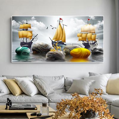 China Waterproof Abstract Deer Sailboat Wall Art Pictures Print On Canvas Nordic Gold Painting For Living Room Home Decoration for sale