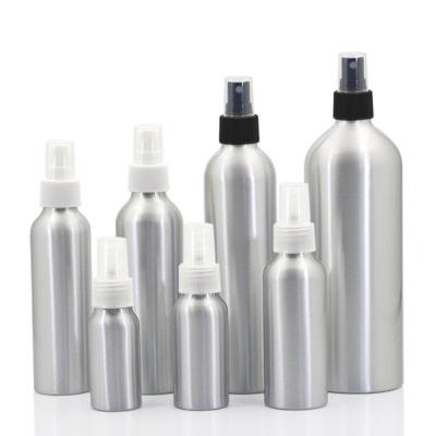 China 1oz 3oz 5oz 8oz 30ml 50ml 100ml 150ml 200ml 250ml Metal Cosmetic Empty Container Silver Aluminum Bottle With Black Fine Mist Sprayer Cap for sale