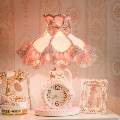 China Eco-friendly European Style Bedside Lamp Girl Pink Lace Clock Lamp Princess Room Birthday Gift for sale