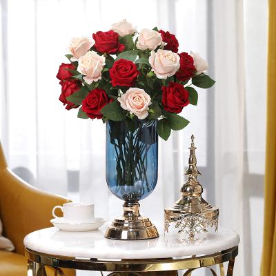 China Eco-friendly European-style glass vase decoration living room blue dried flowers American light luxury dining room table home vase decoration for sale