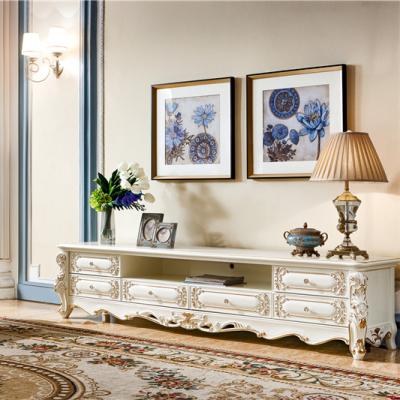 China Comfortable European Style Solid Wood Marble Carved TV Cabinet TV Stands Wholesale Living Room Furniture for sale