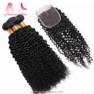 China Can be dyed and changed natural raw kinky curly hair hot sale high quality virgin malaysian hair weave design 3 bundles with 4*4 lace closure for sale