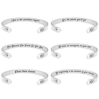 China Custom Made Environmental Friendly Laser Logo Inspirational Mantra Flat Silver Color Stainless Steel Cuff Bracelet For Women Men Friend Encouragement Gift for sale