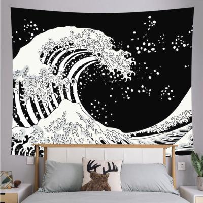 China Large Wave 90x70 Inch Wave Wave Japanese Tapestry Large Size Wall Hanging With Moon Tapestries Black And White Tapestry for sale