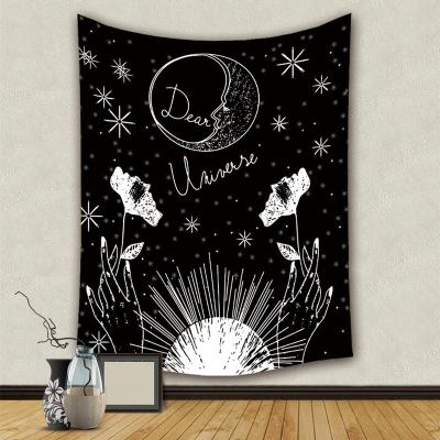 China Sun Moon Star Tapestry White Flower CLASSIC Factory Customized Polyester Tapestry Burning Black Hangings for sale