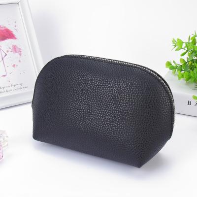 China Fashion Designer Lychee Pattern Style Leisure Makeup Bag Zipper Closure Custom Cosmetic Bag Black PU Leather for sale