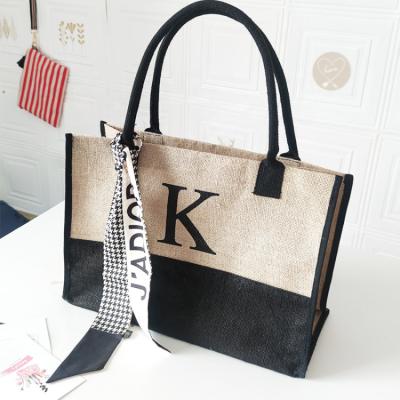 China Custom Handled Shopping Bag Letters Large Capacity Canvas Tote Bag Jute Waterproof Hessian Shoulder Bag for sale