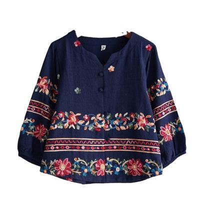 China Anti-wrinkle Custom Women Premium Ethnic Style Shirt Top Embroidery Cotton and Linen Solid Color Positioning Embroidery Long Sleeves Shirt for sale