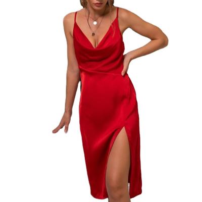 China Anti-Wrinkle Ladies Sexy V-Neck Sleeveless Satin Causal Women Slip Dress Women Spaghetti Tie Satin Dress Dress for sale