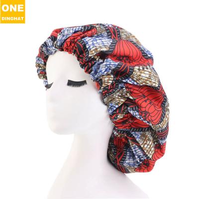 China Designer Hoods Womens African Floral Hair Hoods Sleep Hat Shower Ankara Hood Printed Double Layer Satin Striped Sleep Hat for sale