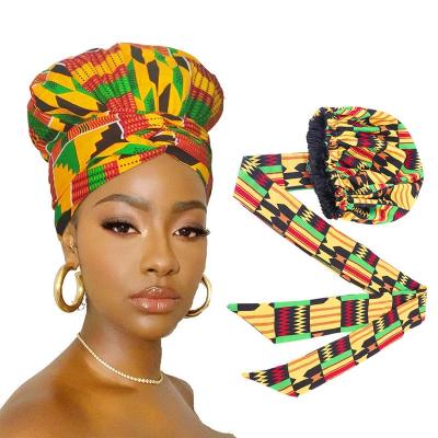 China Hot Selling Designer Hoods Sleep Sleep Ankara Hood African Long Turban Hat Adjustable Double Layer Link Headwrap For Women for sale