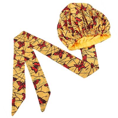 China Designer Cowls Wholesale Silky Double Layer African Satin Cowl Pattern Ankara Cowl Hat Turban Print Sleep Hat With Long Ribbon Wrap for sale