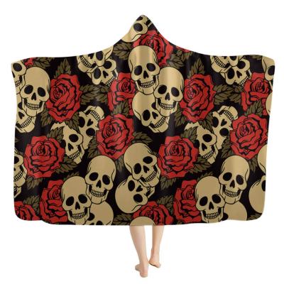 China Anti-Static Hooded Blanket Blurred Cool Skull 3D Flower Printed Green Printing Soft Coat Blanket For Adult And Kids for sale