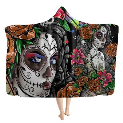 China Anti-Static Cool 3D Skull Flower Printed Oversized Hooded Blanket For Softly Cozy Winter Adults for sale