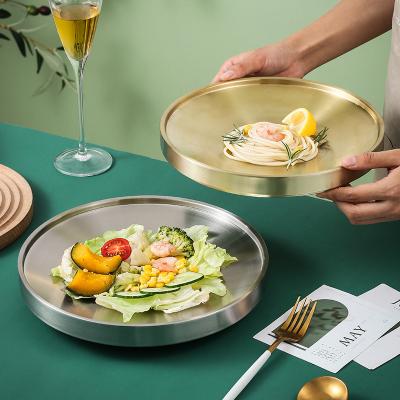 China Sustainable Korean 304 Double Layers Dining Ware Gold Charger Plate Restaurant Luxury Round Stainless Steel Dinner Plate for sale