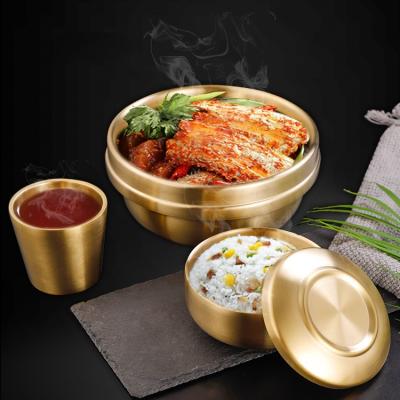 China Korean Style Restaurant Household Viable Gold Double Layer Stainless Steel Cup Bowl Mixing Set for sale