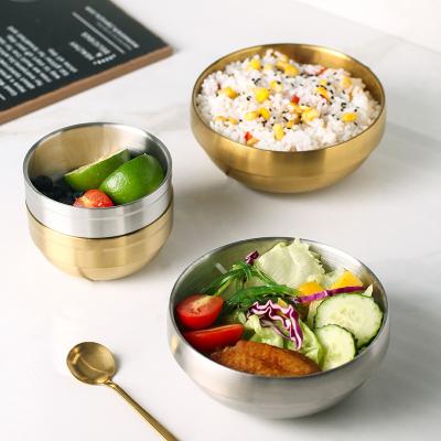 China Sustainable Household Restaurant Kids Double Layer Insulation Stainless Steel Anti-hot Soup Bowls Fruit Salad Golden Bowl for sale