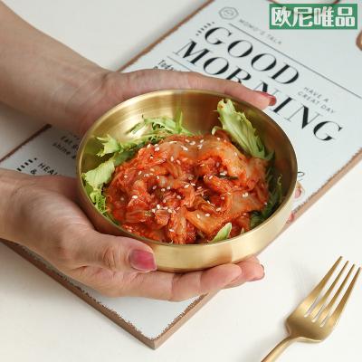 China Korean style 304 stainless steel double kimchi dish topping dish viable gold round dish side dish cold dish for sale