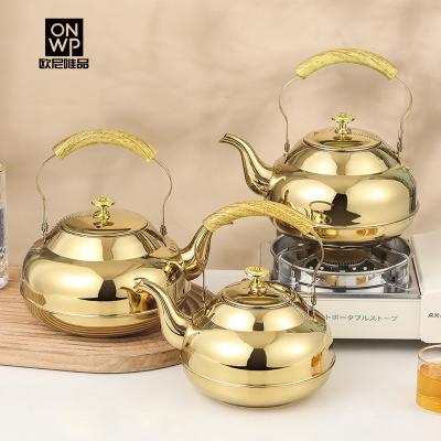 China Viable hotel and restaurant barbecue gas stove hot water gold stainless steel whistling tea kettle for sale