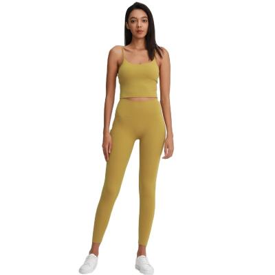 China 2021 Breathable Custom Logo Sport Bra And Yoga Pants Set Yellow Spandex/Nylon Short Yoga Sports Bra Leggings Yoga Set for sale