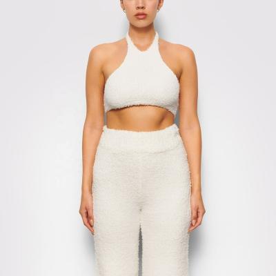 China 2022 Thermals Wholesale Cotton Creams Comfy Knit Halter Bra With Fuzzy Women Loungewear Lounge Pants Sleepwear Pajamas for sale