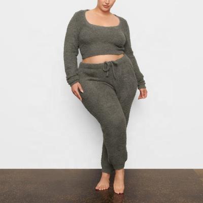 China Wholesale Custom Thermal Casual Home Loose Fleece Loungewear Women Creams Lounge Wear Sets Soft Plus Size Fluffy Knitted Two Piece Pajamas for sale