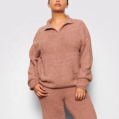 China Coral Fleece Skims Cozy Women Thermal Flannel Two Piece Pajamas Set KNIT Fluffy Sweater With Jogger Pants Sleepwear Loungewear Pajamas for sale