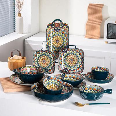 China Microwave Oven Safety Sustainable Machine Printing Morocco Bohemia Style Luxury Ceramic Dinner Dishes Sets Tableware For Gift for sale