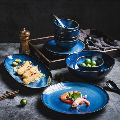 China Sandstone Serving Dishes Catering Product High End Reactive Blue Luster Ceramic Table Ceramic Dinner Set for sale