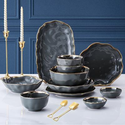 China Cheap Wholesale Shiny Gray Restaurant Porcelain Dinnerware Set Luxury Ceramic Dinnerware Viable With Gold Rim for sale