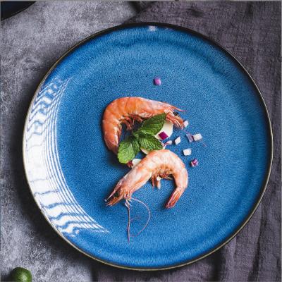 China Best Viable Selling Cheap Bulk Reactive Luster Shiny Blue Restaurant Round Japanese Ceramic Dinner Dish for sale