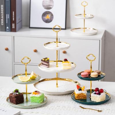 China Luxury Nordic Shiny Luster Wedding Serving Cake Stand Viable Ceramic 2/3 Tier Snack Dessert Cake Dish with Gold Rim for sale