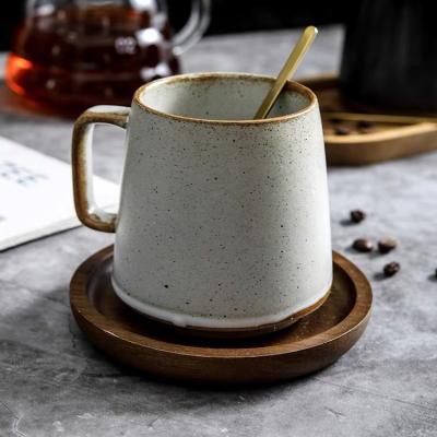 China Viable Wholesale Reactive Custom Stoneware 360ml Vintage Style Japan Luster Tea Ceramic Coffee Mug With Wooden Saucer for sale