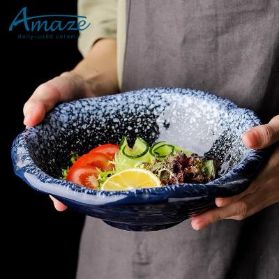 China Viable Hot Selling Luster Reactive Restaurant Used Irregular Japanese Salad Noggin Ceramic Soup Set Large Bowl for sale