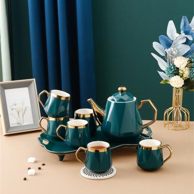 China Viable Custom Modern Luxury Afternoon Gold Rim Logo Turkish Tea Cup Porcelain Set Ceramic Tea Set With Tray for sale