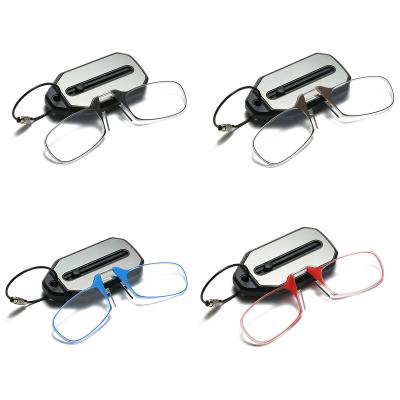 China Slim Portable Mini Nose Clip Reading Glasses Head Chain Cases for sale