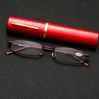 China Fashion Mini Metal Reading Glasses Compact Thin Lightweight Portable Readers With A; Aluminum Pen Case for sale