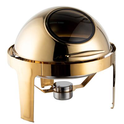 China 721 Pan Chafer And Golden Buffet Luxury Oval Stove And Round Cylinder Desktop Restaurant Food Chafing Dish Gold Economy Food Warmer for sale