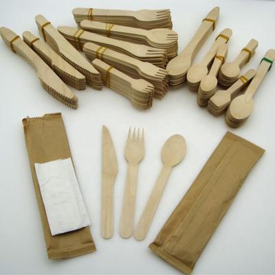 China Disposable Biodegradable Wooden Knife Forks Spoon Cutlery Wooden With Napkin for sale