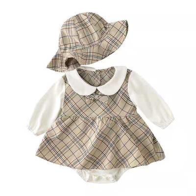 China Wholesale Fashion 2pcs Autumn Anti-Shrink Infants And Toddlers 100% Cotton Plaid Suit Baby Boys&Girls Long Sleeve Romper Dress With Hat Sets for sale