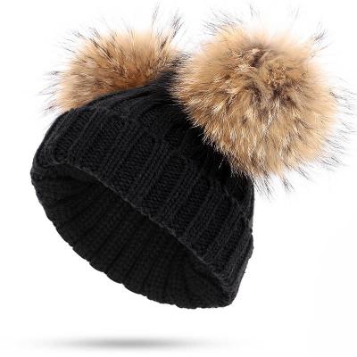 China Occasional. Winter Kids Knitted Beanie Hat Earflap Hat Fashion Babies Keep Warm Fox Fur Ball Wool Baby Knitted Hat Sets for sale