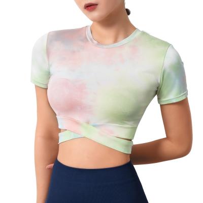 China Breathable Quick Dry Tie Dyed Print Yoga Clothes Gym Fitness Tops Short Sleeve Sports Yoga T-Shirt for sale