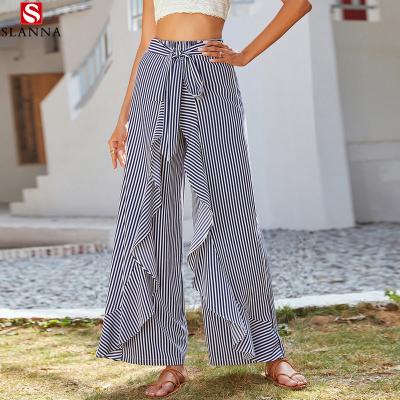 China 2021 Anti-Wrinkle Slanna Women's Sunmer Vacation Beach Party Pants And Trousers Plus Size Causal Striped Wide Leg Pants for sale